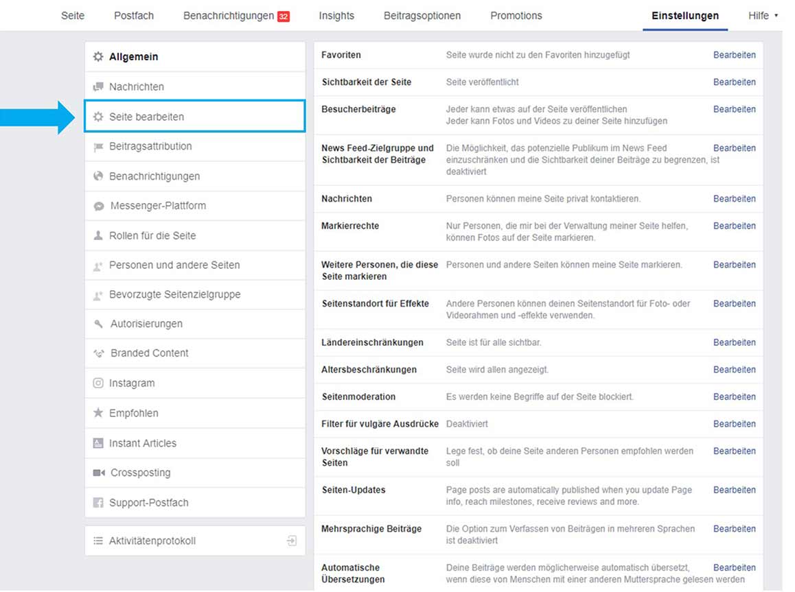 Facebook Einstellungen für Seitenbetreiber